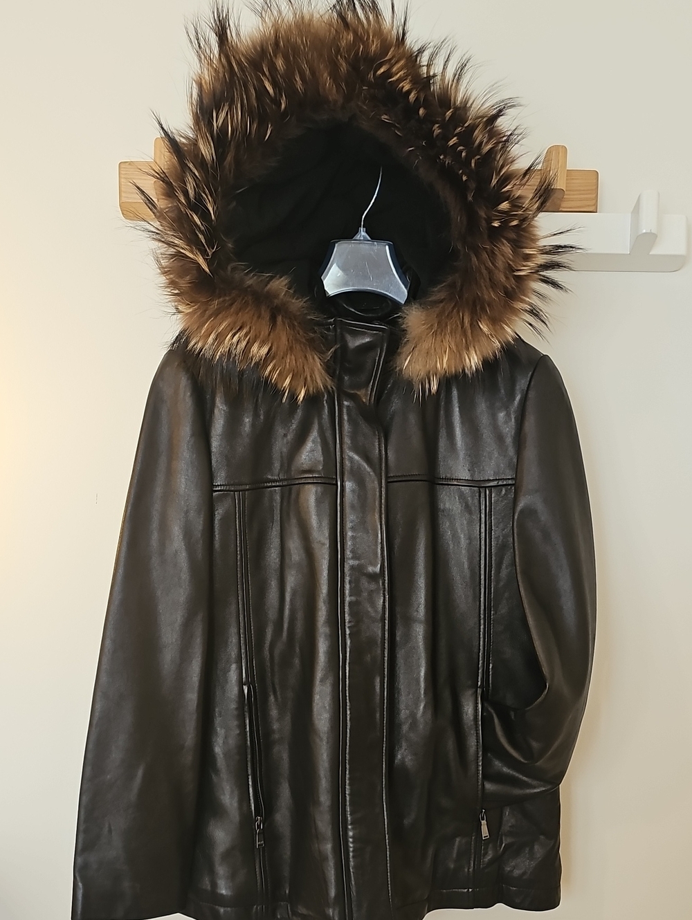 Marc New York Women's Size M Black Leather Hooded Jacket with Fur Trim